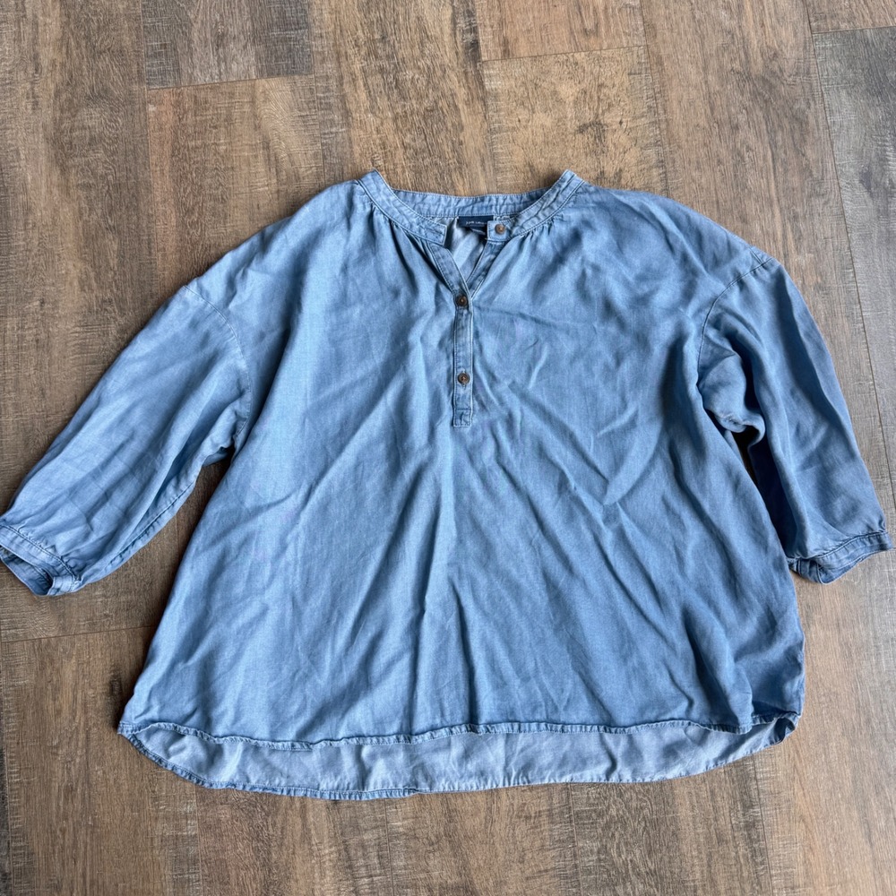 J. Jill Denim Women L Blue Tencel Lyocell Henley Blouse 3/4 Sleeve Popover Top